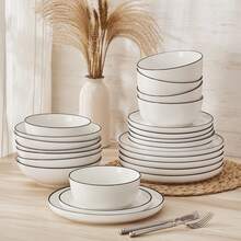 MALACASA 12/16/18/24-Piece White Porcelain Dinner Plate Set With Black Rim And Curved Edge, Including Dinner Plates, Dessert Plates, Pasta Bowls, And Bowls, For 4/6 People - White - 白色 - 查看 2