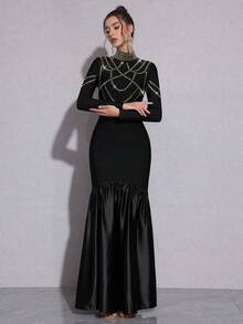 Elegante vestido largo de noche de sirena con mangas largas, cuello en pico y aplicaciones de plumas, ajustado, para bodas, banquetes y fiestas