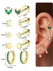 Bộ 6-24 khuyên tai đinh tán bằng thép không gỉ mạ vàng 18K, không gây dị ứng, khuyên tai sụn mini dạng vít dẹt unisex, trang sức xỏ khuyên, màu xanh trong suốt. - Bông tai - Xem 16