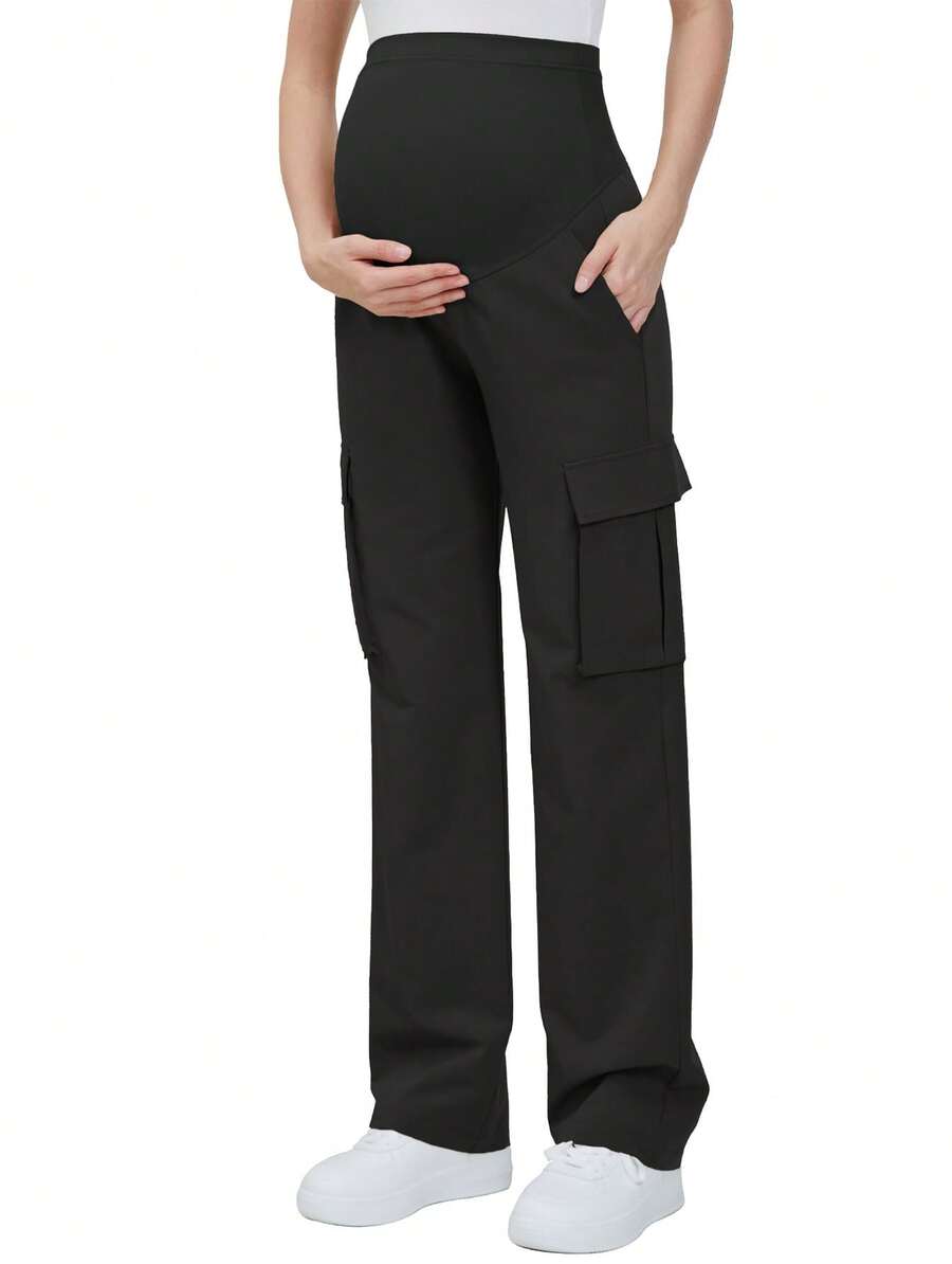 Women's Maternity Cargo Pants With Four Pockets Over The Belly Scrub Pants Pregnancy Clothes - Black - View 1
