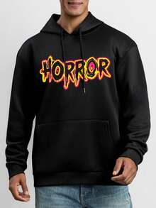 男士渐变闪电字母印花连帽衫，保暖内衬，套头设计，长袖，哥特风格，秋冬款 - 黑色 - 查看 3