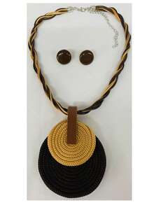 Braided Wire Necklace Set With Double Pendant + Resin Button Earrings – Sophistication In Every Detail. - Brown - View 5