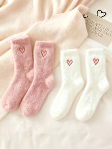 4Pairs Heart Shaped Pattern Fluffy Women Crew Socks, Heart Thermal Socks, Super Thick Soft & Comfortable, Suitable For Autumn/Winter, Ideal Gifts For Valentine's Day & Christmas