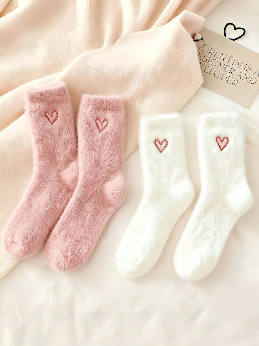 4Pairs Heart Shaped Pattern Fluffy Women Crew Socks, Heart Thermal Socks, Super Thick Soft & Comfortable, Suitable For Autumn/Winter, Ideal Gifts For Valentine's Day & Christmas