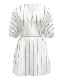 Women Casual V-Neck Midi Sleeve Solid Color Dress, Elegant Outfit - White - View 2