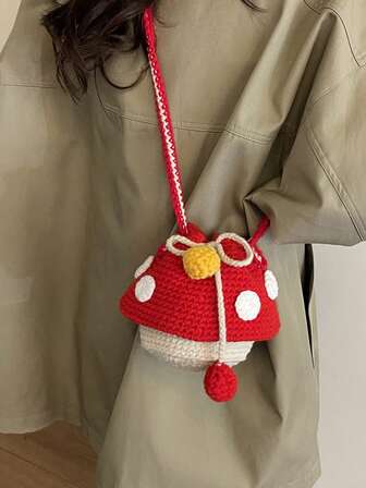 1 pieza Bolso de hombro cruzado con cordón tipo cubo, hecho a mano, tejido y de colores