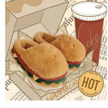 1pc 2025 New Autumn/Winter Funny Home Thermal Slippers, Couple Cute Hamburger Fully Covered Plush Warm Shoes For Men & Women