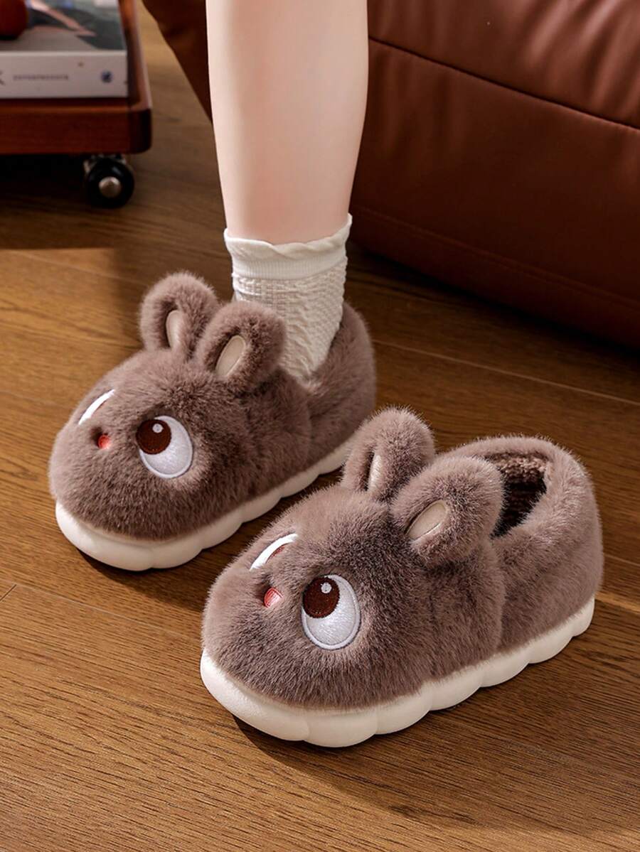 2025 女士低跟软底一脚蹬拖鞋，圆头简约，冬季日常休闲秋冬保暖，可爱兔子万圣节拖鞋 - 咖啡 - 查看 1