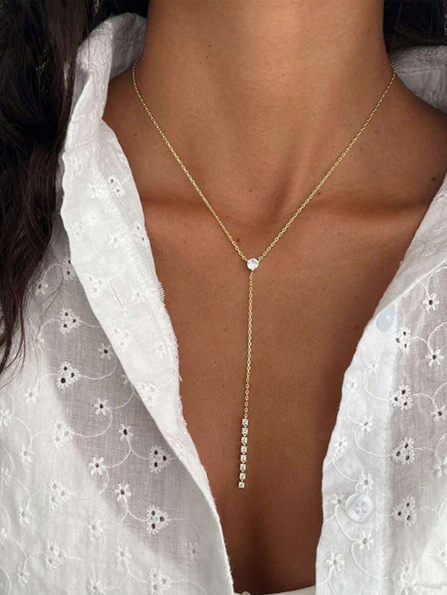 Un collar largo con colgante de cadena de strass para mujeres, collar dorado simple para mujeres, de estilo elegante y moderno - collar en forma de Y - Ver 1
