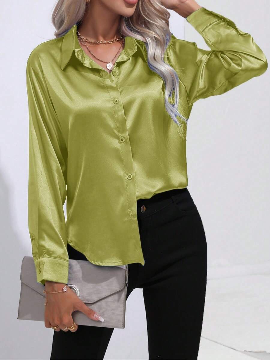 Women's Casual Turndown Collar Button Faux Silk Satin Solid Color Long Sleeve Blouse