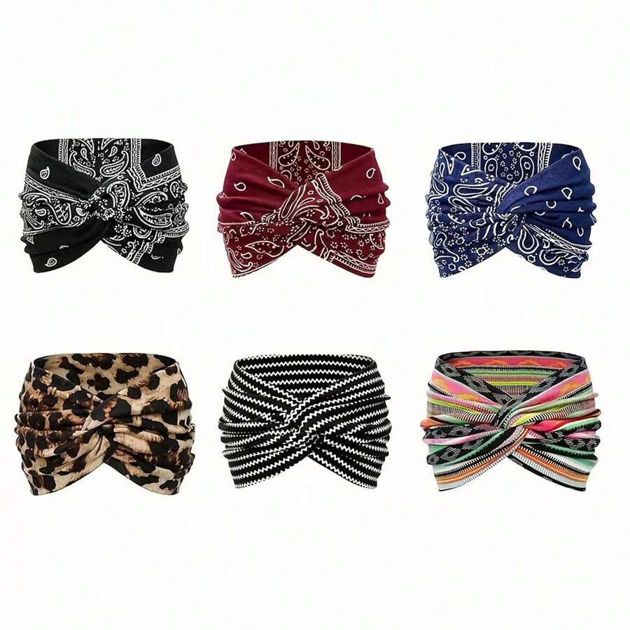 6 Pack Turban Headbands For Women Wide Vintage Head Wraps Knotted Cute Hair Band Accessories - Black - View 1