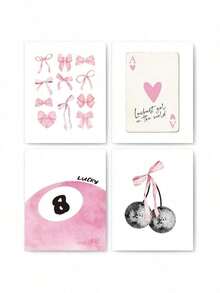 4Pcs Fashion Art Prints Posters Set - Pink Bows, Heart, Lucky 8 Ball, And Cherry - Frameless Wall Decor For Girls Bedroom, Dorm Room - Heart & Bow Themed Posters