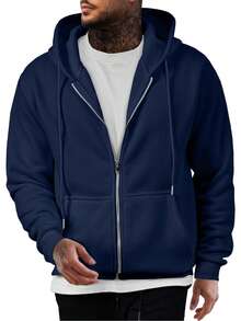 Mens Full Zip Casual Cotton Hooded Fleece Drawstring Hoodies Pullover Sweatshirts Casual Long Sleeve Shirts - Màu xanh hải quân - Xem 1