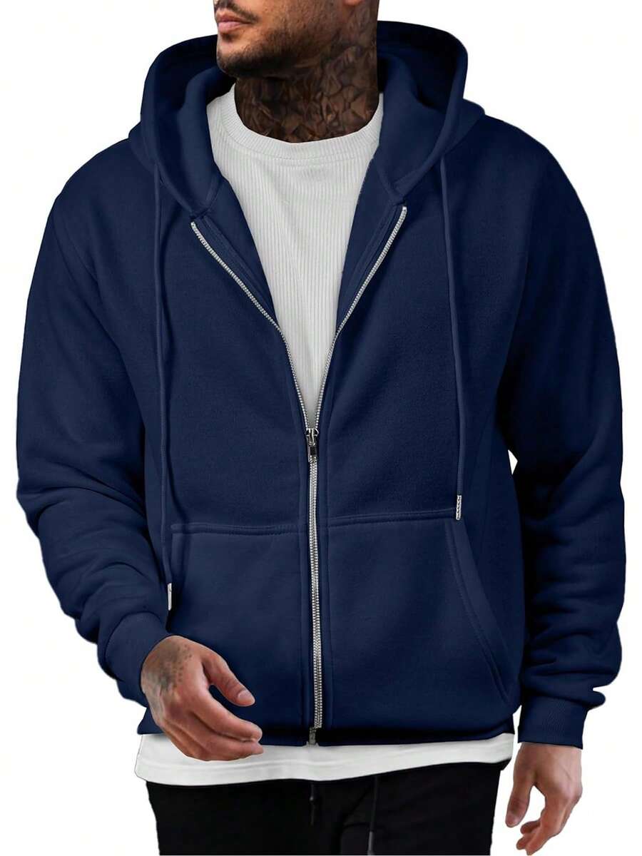 Mens Full Zip Casual Cotton Hooded Fleece Drawstring Hoodies Pullover Sweatshirts Casual Long Sleeve Shirts - Màu xanh hải quân - Xem 1