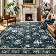 Washable Area Rug 5x7 - Soft Faux-Wool Area Rug Living Room Bedroom, Boho Vintage Floral Medallion Non-Slip Low Pile, Pet Friendly, Blue White - 海軍藍/米色 - 查看 3