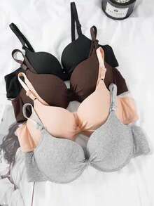 4 piezas Sostenes de lencería sexy con aros de sujeción, de cobertura total sin costuras, transpirables y lisos, en multicolor para mujer - Multicolor - Ver 2