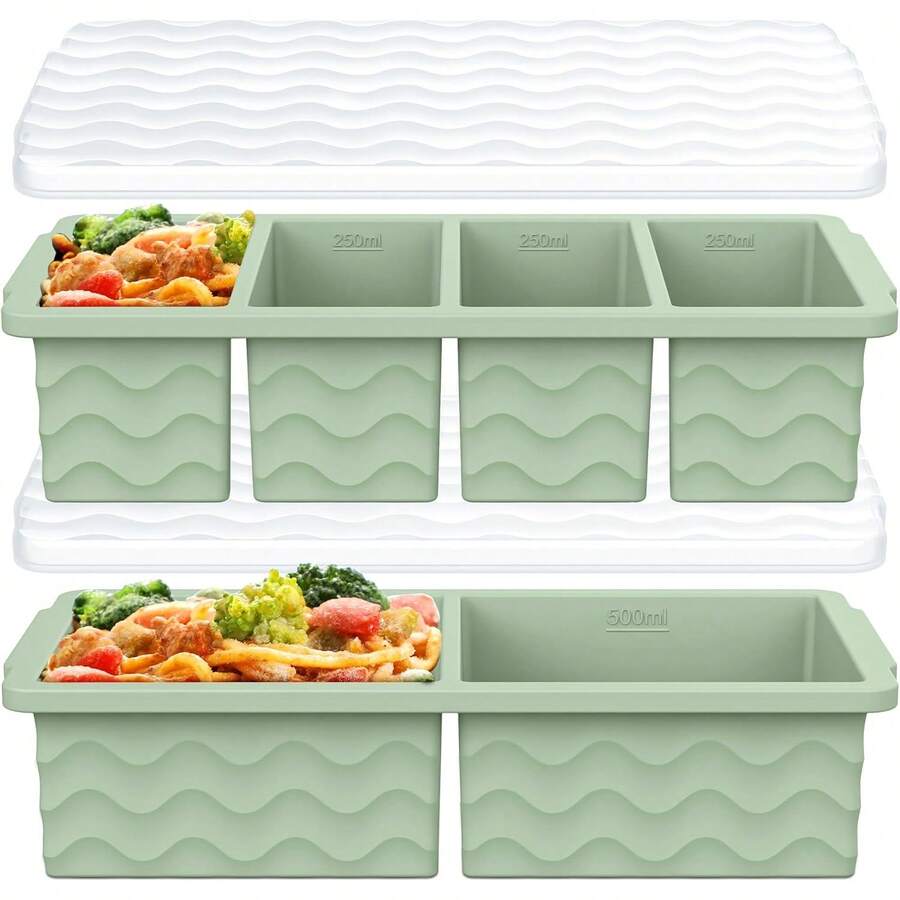Silicone Freezer Molds For Soup With Lid, 1-Cup & 2-Cup Large Ice Cube Trays Food Storage Containers For Meal Prep, Freeze 250mL/125mL Portions – 2 Pack - Hồ Xanh - Xem 1