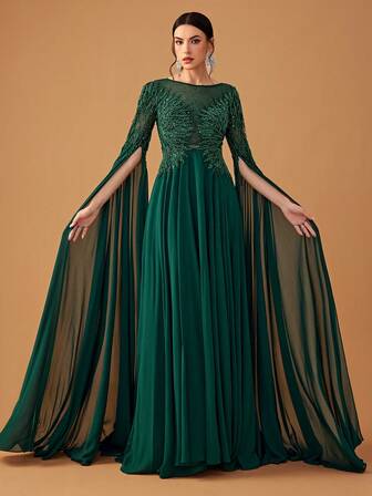 DELLA COUTURE Vestido de noche verde oscuro de cuello redondo adornado con cuentas brillantes, ideal para fiestas, bailes, bodas y otras ocasiones formales. Vestido de cóctel largo con falda acampanada.