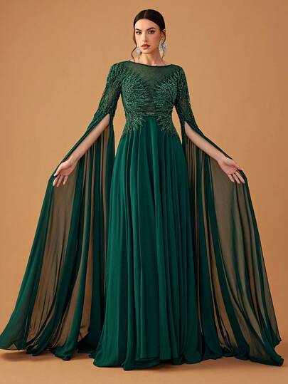 DELLA COUTURE Dark Green Round-Neck Evening Gown Adorned With Shimmering Beadwork Ideal For Parties, Balls, Weddings, And Other Formal Occasions Flared-Skirt Long Cocktail Dress