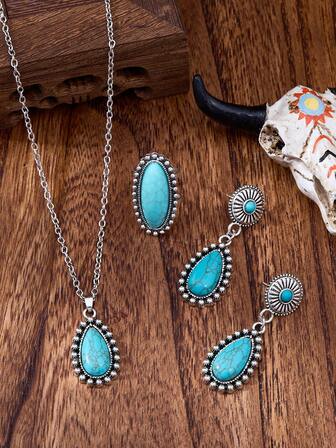 MONLOTTI 4pcs/Set Vintage Cowgirl Western Turquoise Teardrop Necklace, Ring, Earrings Jewelry Set, Adjustable Open Ring, Bohemian Jewelry Set, Women Summer Jewelry, Suitable For Daily, Festival, Beach Party, Gift