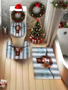 Set de baie cu imprimeu amuzant de vacă 1/4 buc, set decorativ pentru baie, perdea de duș impermeabilă cu cârlige, covoraș antiderapant, husă pentru scaun de toaletă și covoraș în formă de U, separator pentru cadă, accesorii pentru baie, decor pentru casă, set de duș cu perdea pentru fereastră pentru baie, decor pentru baie, decor de Crăciun