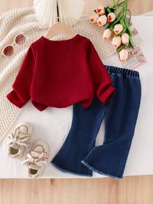 2pcs/Set Baby Girl Bohemian Style Outfit, Includes Floral Decor Round Neck Long Sleeve T-Shirt Top And Floral Embellished Flared Denim Pants - Burgundy - View 2