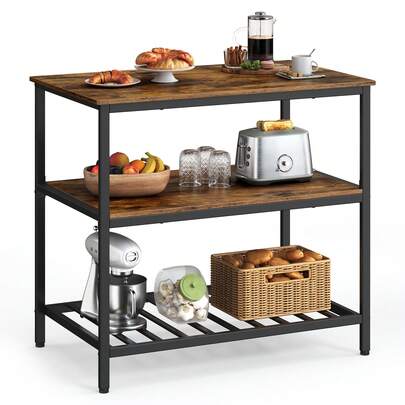 VASAGLE Island With 3 Shelves, 39.4 Inches Width Kitchen Shelf With Large Worktop Stable Steel Structure, Industrial, Easy To Assemble, Rustic Brown And Black