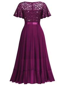 MIUSOL Elegant Women's V Neck Sequin Lace Bodice Maroon A-Line Midi Dress With Flutter Sleeves, Ruffle Flowy High Low Hem, For Formal Prom Gown, Wedding Guest, Evening Party, Cocktail, Dinner - Màu Tím - Xem 8