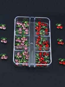 30 piezas/Caja Decoración de Arte de Uñas 3D de Cereza Diamante Mixta, Con Hojas Verdes y Tallos, Perfecto para la Fabricación de Joyas y Manualidades, Colgantes de Joyería y Encantos de Uñas - Multicolor - Ver 3