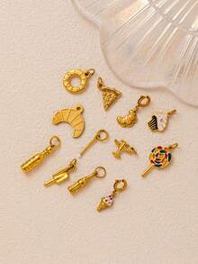 1 件不锈钢食物元素时尚吊坠，带有咖啡、红酒、面包、饼干、披萨、甜甜圈等元素，适合 DIY 女士配饰和钥匙扣和包扣 - 金色 - 查看 4