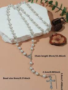 1pc Black & Pink Round Bead & Faux Pearl & Cross Pendant Necklace, Simple Style Sweater Chain