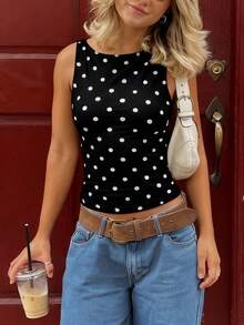 Women's Y2k Polka Dot Tank  Top Sleeveless Round Neck Slim Fit Vest Crop Tops Summer Basic Going Out Tops Tee Party Streetwear - 黑色 - 查看 2