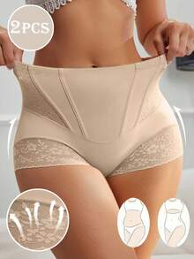 2pcs High Waist Tummy Control Panties, Suitable For Women, Post-Partum Abdomen Shaping, Lace Details, Breathable Nylon Blend, Hand Washable, Shapewear - Multicolor - View 4