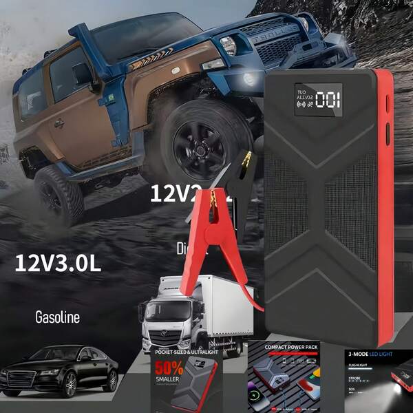 Portable Ultra-Thin Emergency Jump Starter - 3 Modes LED Light, Flashlight, Strobe, Digital Display, Fast Charging, Compact Design For Dead Battery Emergencies, Lithium Polymer Battery, Insulated Material, Auto Start/Stop, Multifunctional Car Battery Charger Portable Jumper