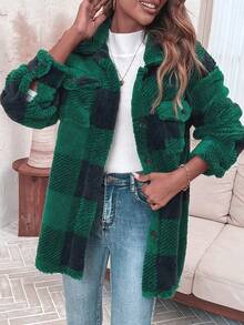 New Women's Plaid Fleece Jacket For Autumn&Winter-Versatile Button-Down Long-Sleeve Fleece Jacket, Women's Apparel - 綠色 - 查看 6