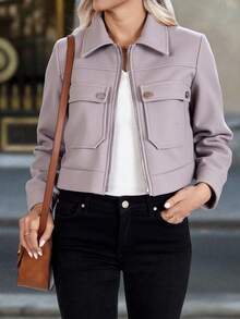 Chamarra invierno dama mujer corte corto tejido polar cuadros textura suave caliente calientito cierre manga larga cuello camisero recto casual día noche festival comida cena calle otoño invierno - Beis - Ver 2