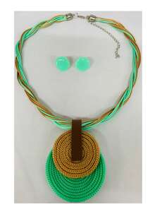 Braided Wire Necklace Set With Double Pendant + Resin Button Earrings – Sophistication In Every Detail. - Water Green - View 4