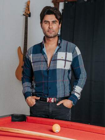 PLATINUM STORES Camisa Hombre Casual Azul Marino Cuadros Blancos Lineas Manga Larga Slim Fit Algodón Suave Cómoda Ligera Oficina Formal Informales Diseño Moderno y Elegante Alta Calidad Comodidad