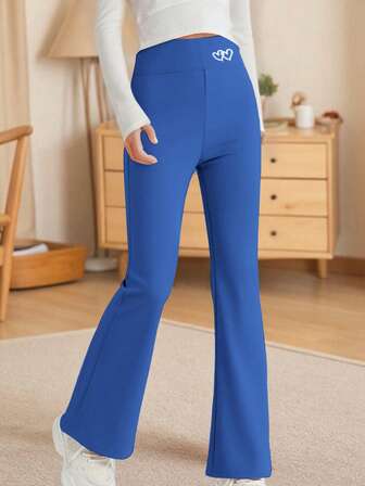 Girls' Heart Print Flared Pants, Children's Black Versatile Skinny Leggings, Young Girl' Elegant High Stretch Yoga Pants