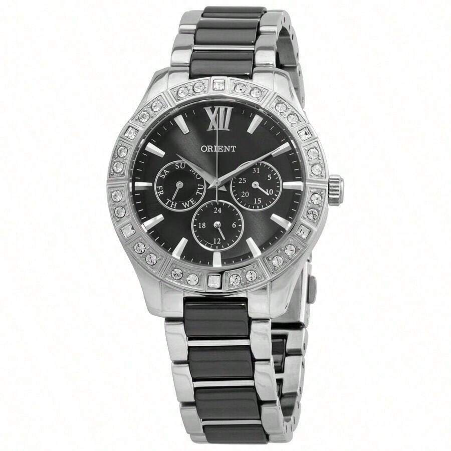 Orient Reloj de cuarzo de acero inoxidable con cristales de dos tonos y función múltiple, esfera negra con calendario de día, adecuado para uso diario, fiesta, ropa y como regalo de cumpleaños para mujeres y novias