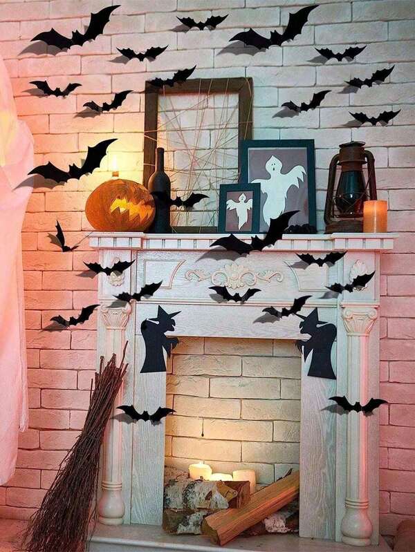 60/72pcs Halloween Bat Wall Decor - Black Plastic Fake Bat Stickers For Halloween Room Decoration, 4 Different Sizes Waterproof 3D Realistic Bats For Home Window Halloween Party Decor, Autumn, Party Decor, Halloween Bat Wall Decoration
