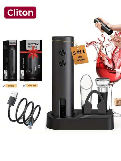 CLITON 1件/经典套装/基础套装选项：500mAh可充电锂离子电动开瓶器，Type-C接口，带锡箔切割器和照明功能 - 套装包含充电器、倒酒器、瓶塞和时尚底座 - 一键式便捷开瓶器，适合家庭酒吧 - 圣诞节、生日、婚礼、乔迁、情人节的理想优雅礼物