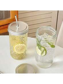 1 Piece (Set) Large-Capacity Heat-Resistant Transparent Glass Mason Jar (With Lid And Straw), Suitable For Boba Milk Tea, Coffee, Juice And Cold Drink - Trong sáng - Xem 7