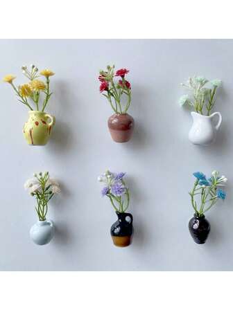冰箱迷你花瓶磁铁 6 件 - 3D 陶瓷微型植物花瓶磁铁冰箱装饰套装设计适用于冰箱、储物柜和办公空间（1 件、3 件、6 件带花）