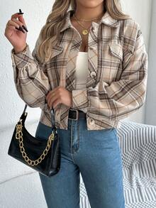 Autumn And Winter Retro Fashion Plaid Off-Shoulder Long-Sleeved Short Woolen Coat Jacket - 杏色 - 查看 4