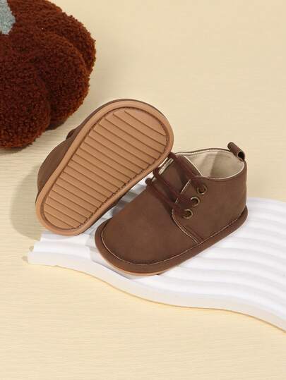 1 双男童纯色系带设计平底防滑休闲幼儿步行鞋，时尚高帮靴子，适合 0-1 岁宝宝，春秋季