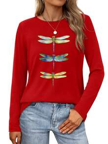 Three Dragonflies With Gradient Wings In A Soft, Ethereal Setting Womens Long-Sleeve Crewneck T-Shirt - 紅色 - 查看 1