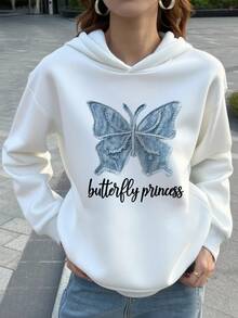 1pc Tween Girl Casual Printed Pullover Hoodie Sweatshirt, Thermal Lined, Long Sleeve, Autumn/Winter