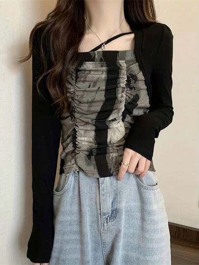 Fashionable Commuter Tie-Dye Patchwork Ruched Long Sleeve T-Shirt