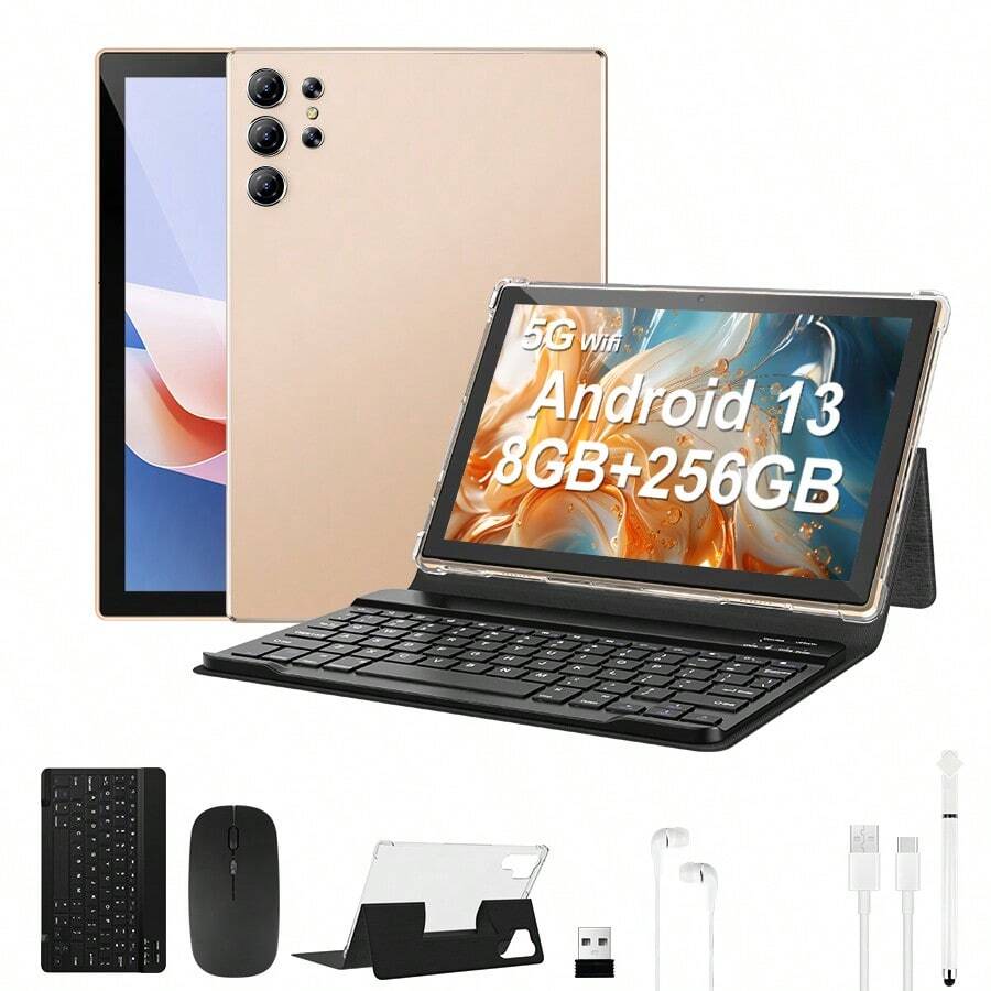 W&O 10-Inch Android 15 Tablet, Quad-Core Processor, 8GB (3GB + 5GB Expansion) RAM + 256GB ROM, HD IPS Display, Dual Cameras, 8000mAh Battery, Bluetooth, WiFi Tableta,Birthday/Christmas/New Year/Best Gift For Relatives And Friends - 金色 - 查看 1
